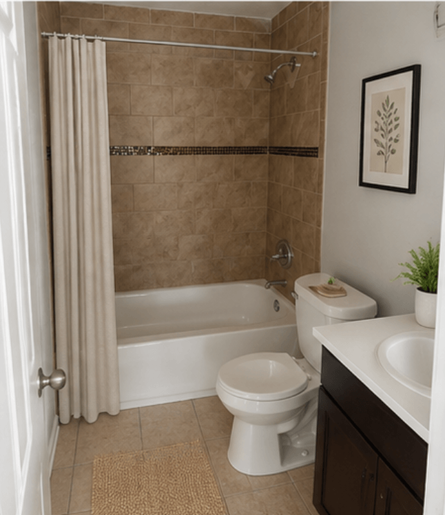 A bathroom with a toilet, sink, and bathtub.